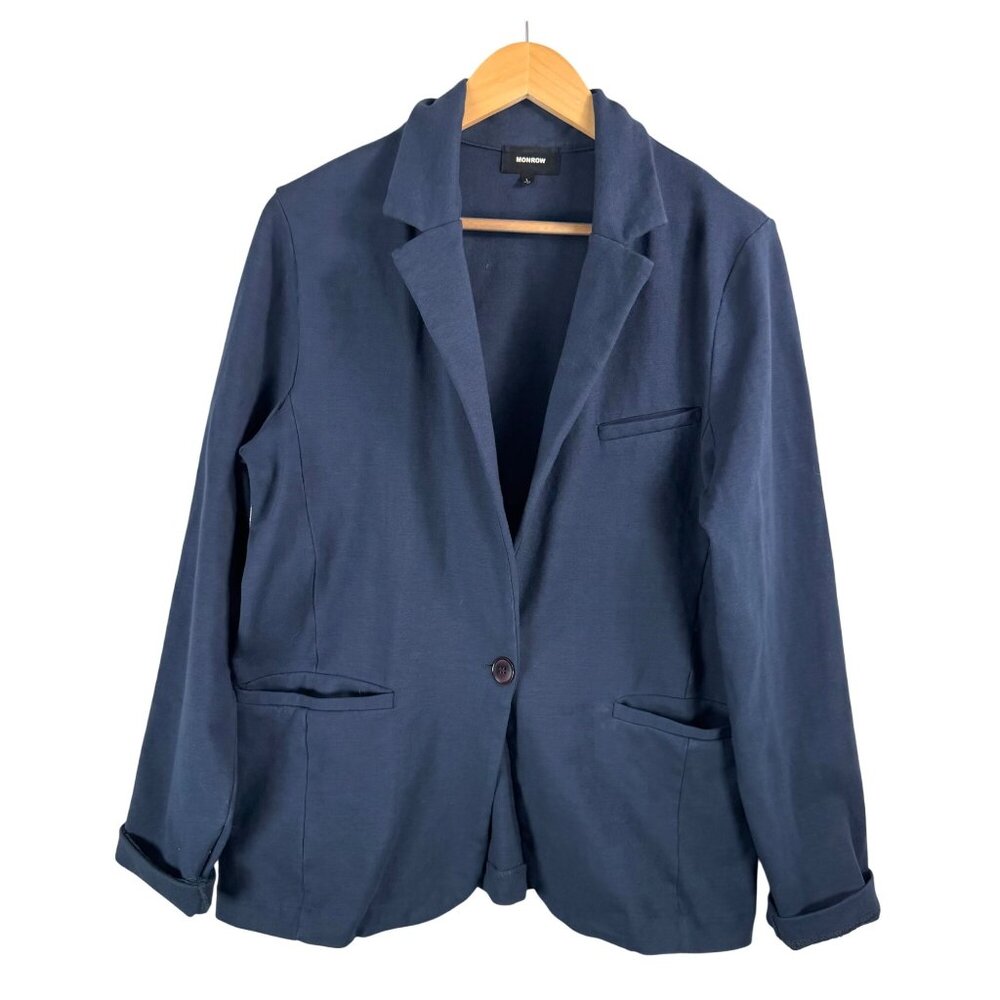 Monrow supima modal knit blazer one button navy side stripe sz L
